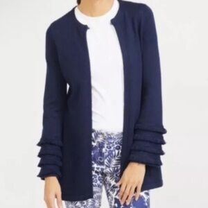 J.McLaughlin Cotton Blend Sweater
Cardigan Fringe Sleeves Navy Blue size medium